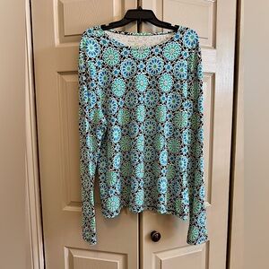 Kim Rogers Geometric Blue and Black Scoop Neck Long Sleeve Tee
